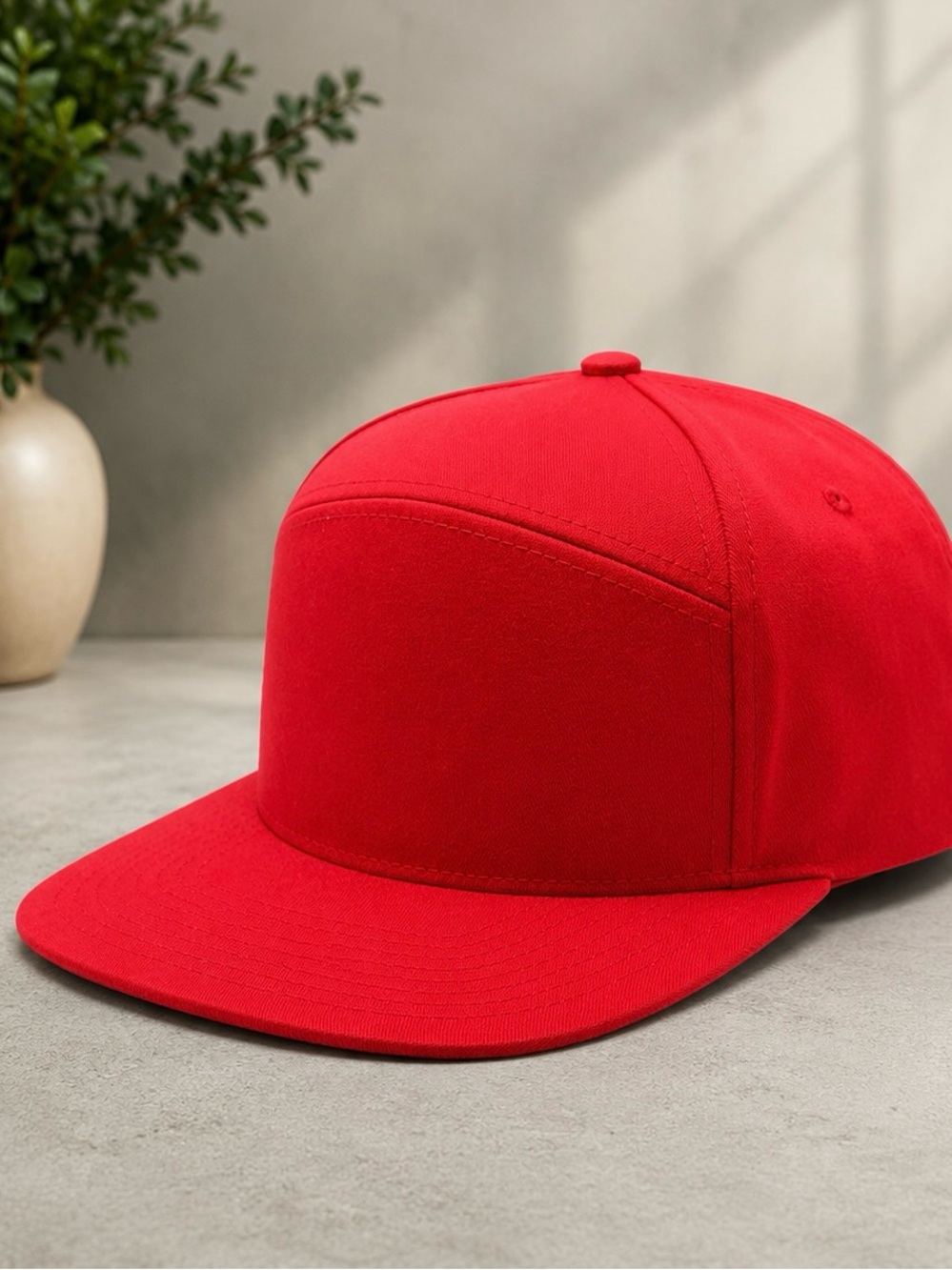 Red Flat Bill Snapback Hat Blank High Crown Adjustable Streetwear Cap